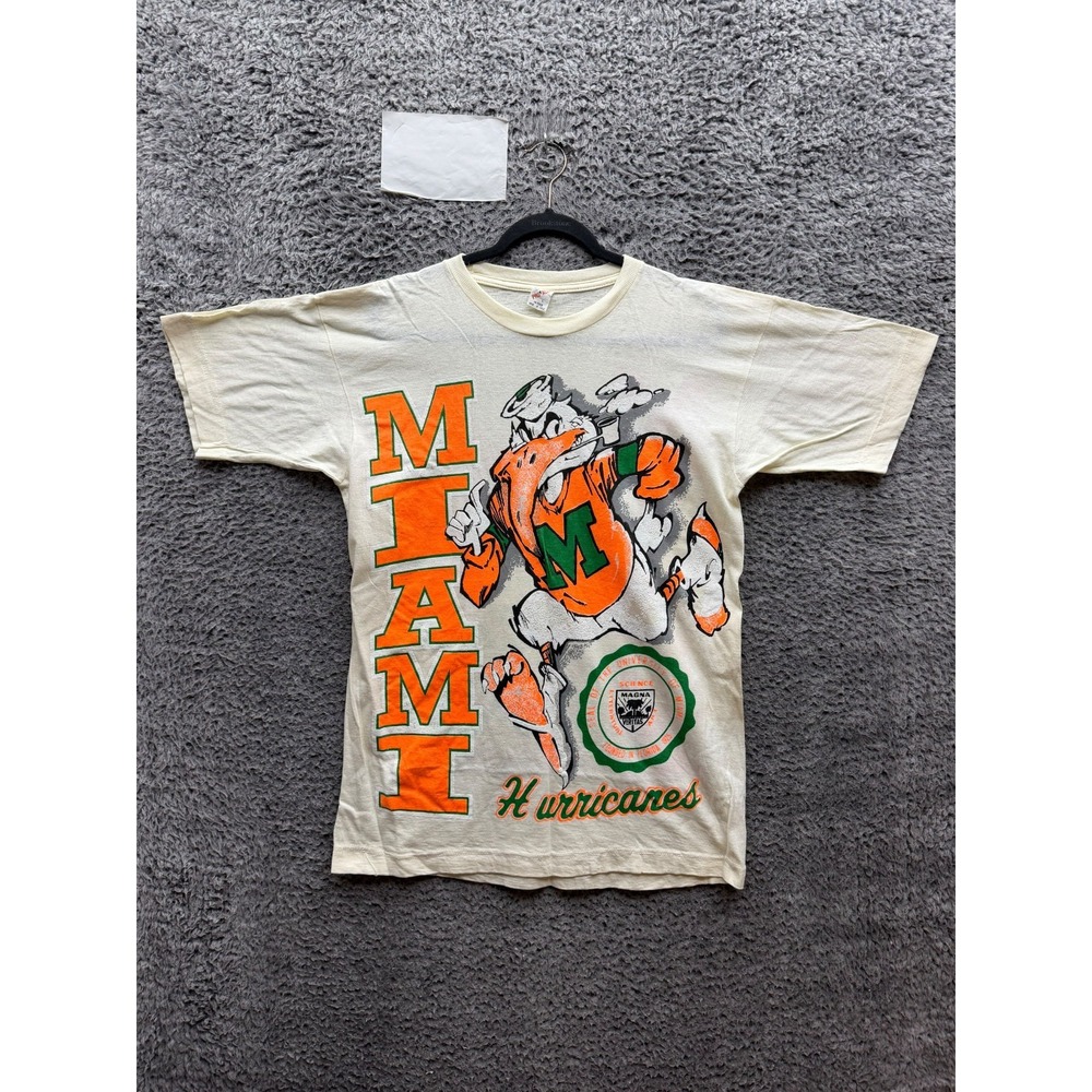 Vintage 90s University of Miami Hurricanes NCAA Graphic T-Shirt White Size L